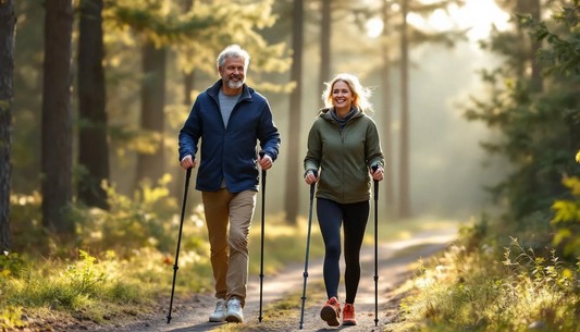 Na zdjęciu widać rodziców uprawiających nordic walking na świeżym powietrzu, cieszących się wspólnym czasem i aktywnym stylem życia. To doskonały pomysł na prezent świąteczny dla rodziców, który może przynieść im radość i zdrowie w okresie świątecznym.