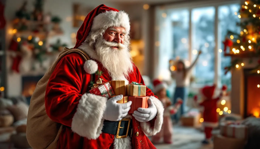 Na obrazie widoczny jest tradycyjny święty Mikołaj z workiem pełnym prezentów, otoczony radosnymi dziećmi. W tle można dostrzec świąteczny klimat, który wprowadza w nastrój radości i oczekiwania na idealne prezenty na mikołajki.