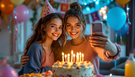 Na zdjęciu widzimy dwie siostry, które radośnie robią sobie selfie podczas urodzinowej celebracji. Obie uśmiechają się szeroko, otoczone balonami i dekoracjami, co tworzy atmosferę pełną miłości i radości, idealną na okazję urodzin.