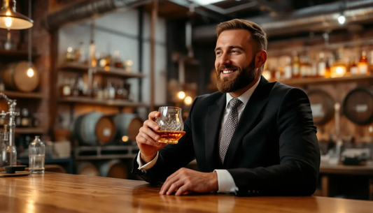 Mężczyzna degustuje whisky w eleganckiej destylarnii, otoczony drewnianymi beczkami i stylowym wystrojem. To idealne miejsce na wyjątkowy prezent z okazji 40. urodzin, które z pewnością wywoła uśmiech na twarzy solenizanta.