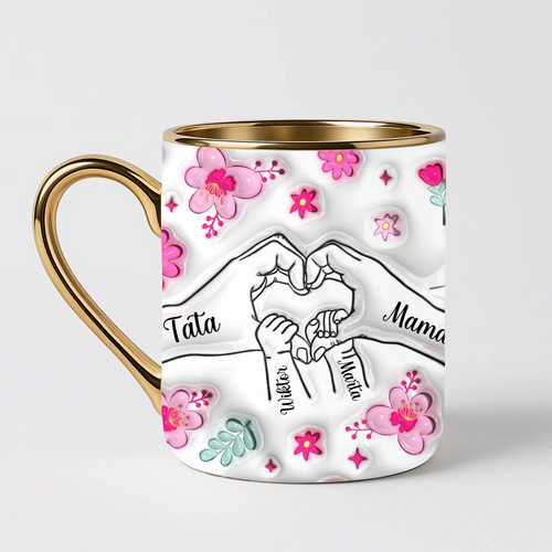 Kubek dla Mamy i Taty - Dłonie w Serce, Elegante, 1-6 Imion, Efekt 3D