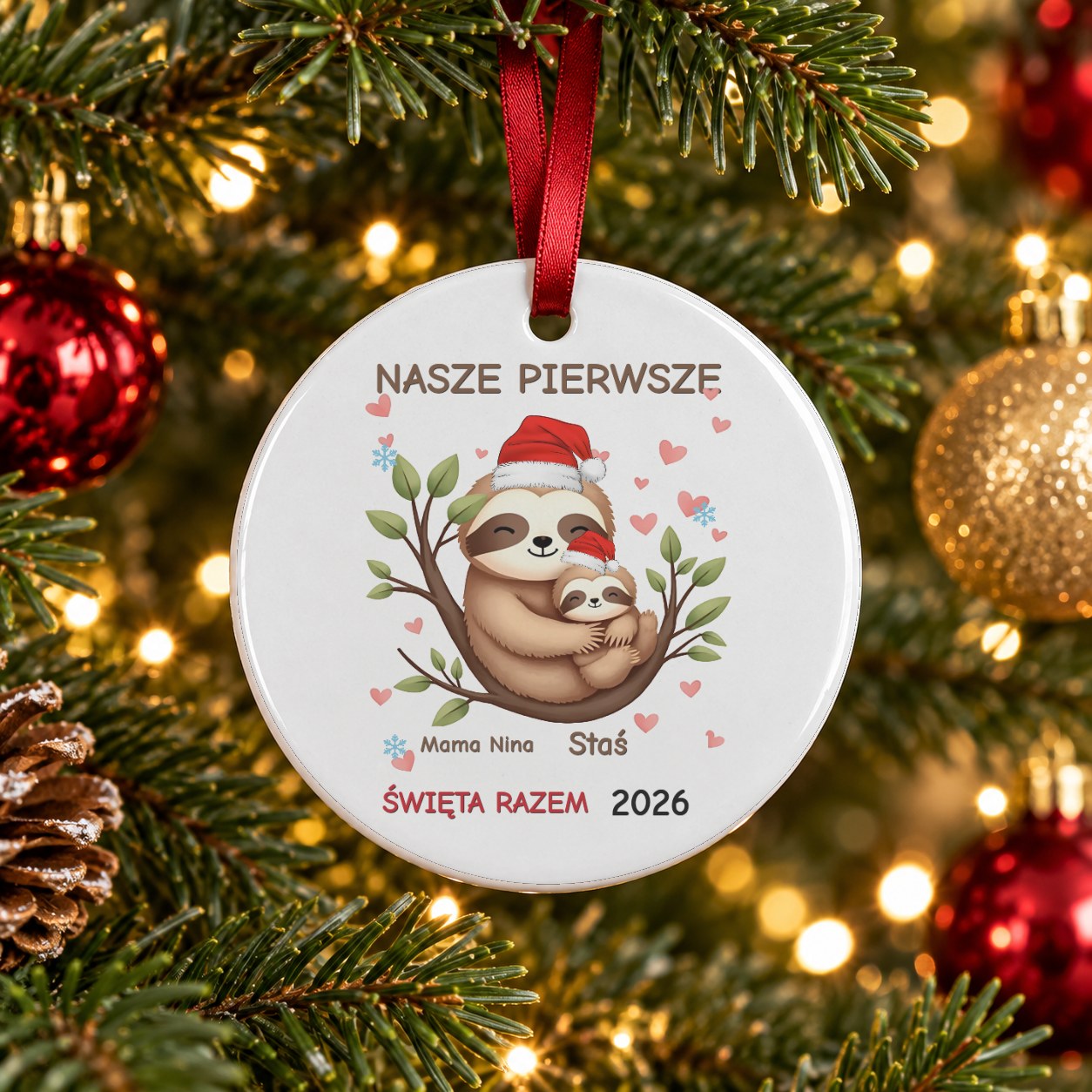 Ceramiczna Zawieszka na Choinkę dla Mamy i Dziecka - okrągła