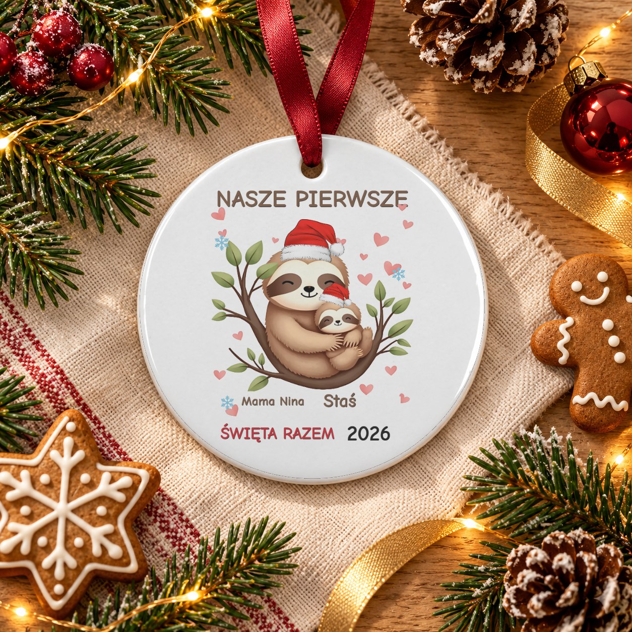 Ceramiczna Zawieszka na Choinkę dla Mamy i Dziecka - okrągła