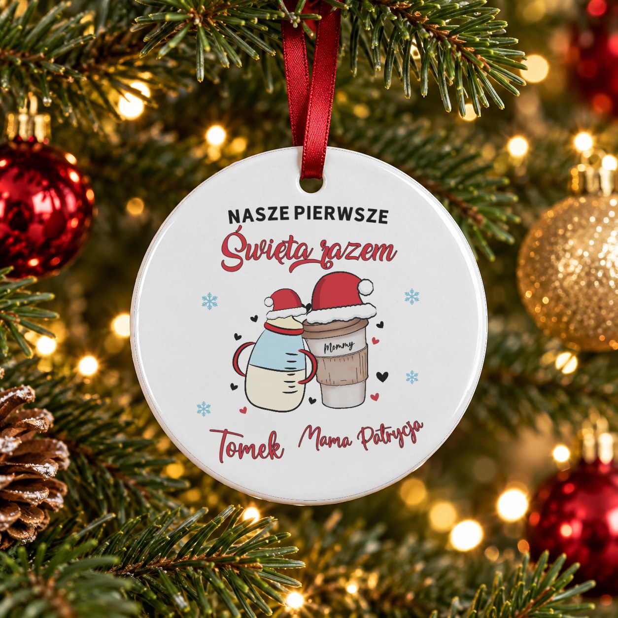 Ceramiczna Zawieszka na Choinkę dla Mamy i Dziecka - okrągła