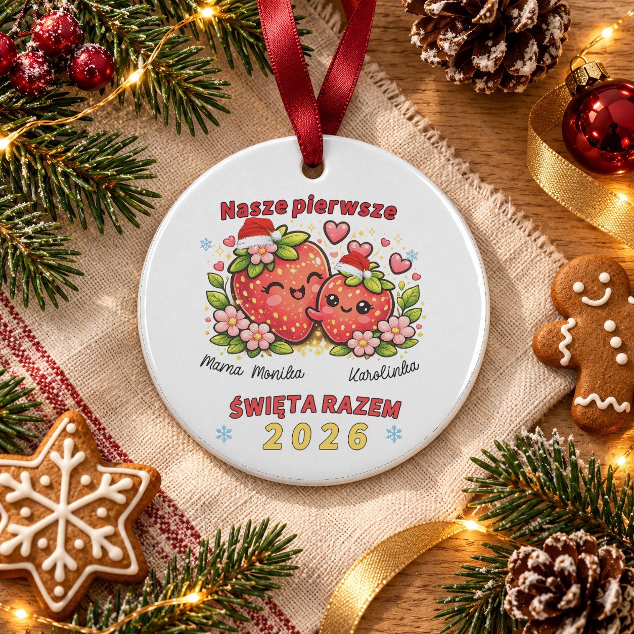 Ceramiczna Zawieszka na Choinkę dla Mamy i Dziecka - okrągła